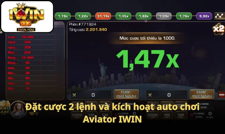 Đặt cược 2 lệnh và kích hoạt auto chơi Aviator IWIN