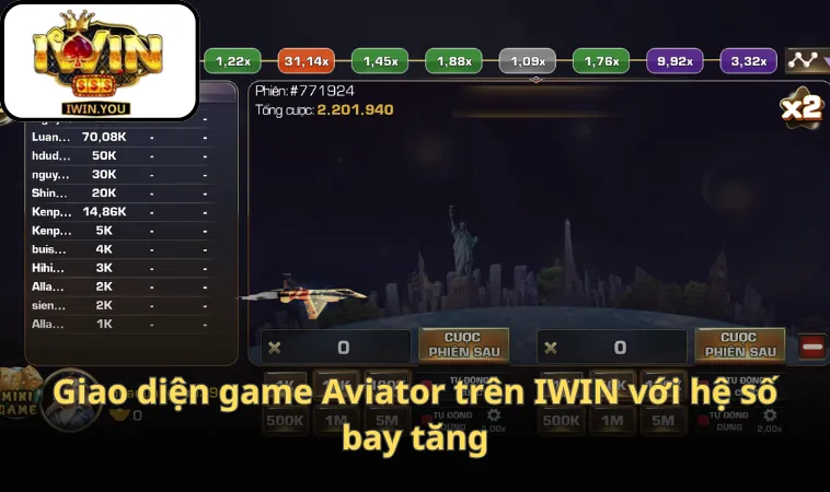 Giao diện game Aviator trên IWIN với hệ số bay tăng