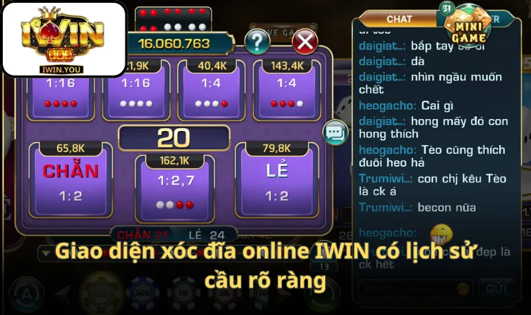 Giao diện xóc đĩa online IWIN có lịch sử cầu rõ ràng