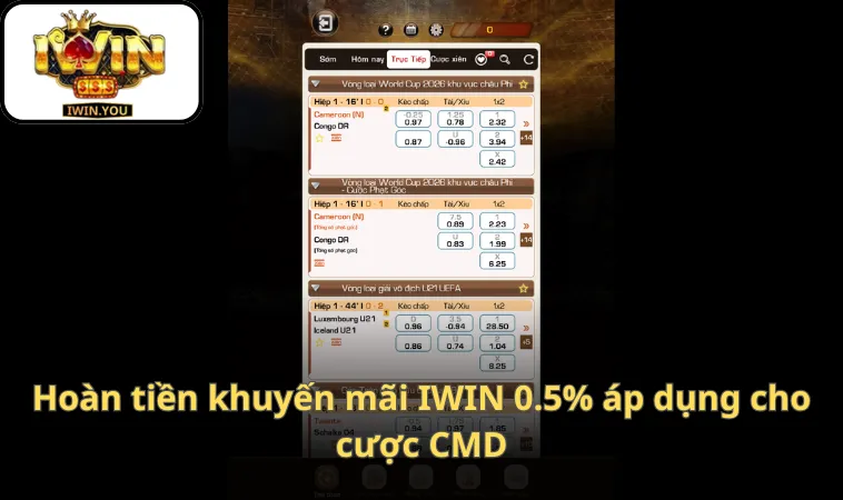 Hoàn tiền khuyến mãi IWIN 0.5% áp dụng cho cược CMD, poker